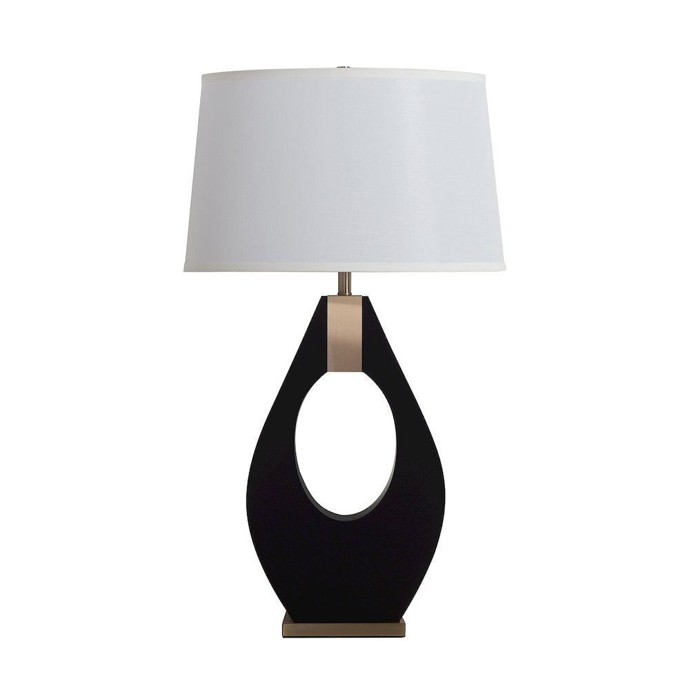 Pearson Table Lamp - Ebony Wood, Weathered Brass, White Cotton-Linen Shade. Picture 9