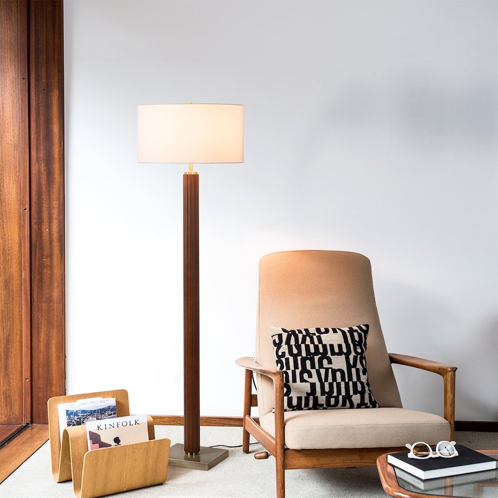 Tambo Floor Lamp - Dark Walnut Wood Finish, Weathered Brass, White linen Shade. Picture 6