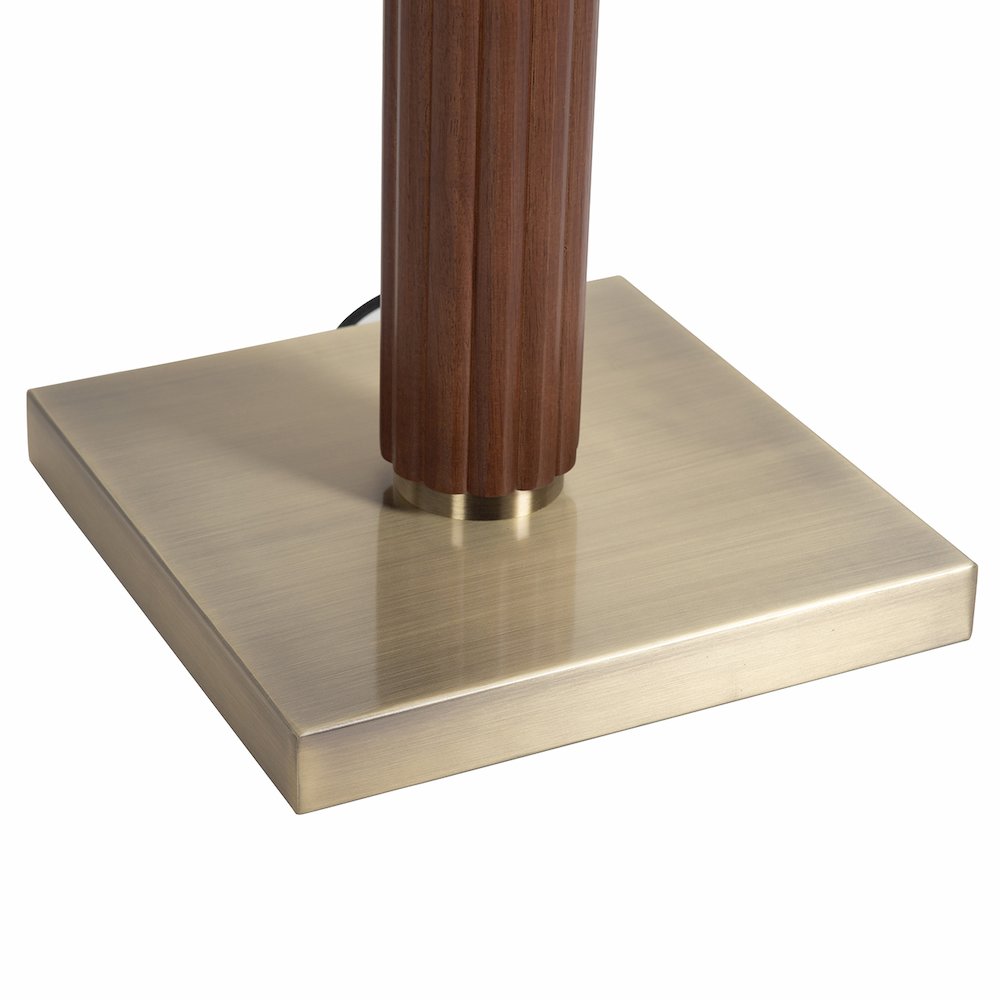 Tambo Floor Lamp - Dark Walnut Wood Finish, Weathered Brass, White linen Shade. Picture 2