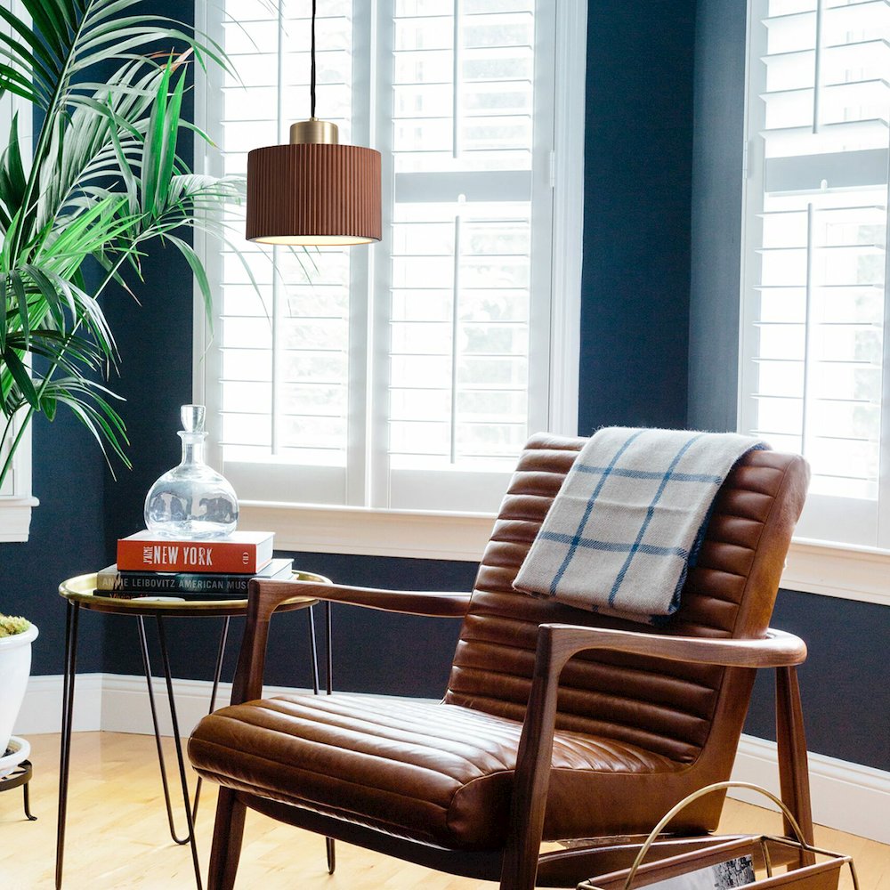 Tambo Pendant Light - Dark Walnut Wood Finish, Weathered Brass, 10" Diameter. Picture 4