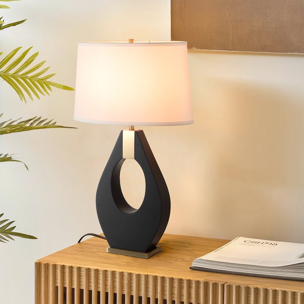 Pearson Table Lamp - Ebony Wood, Weathered Brass, White Cotton-Linen Shade. Picture 5