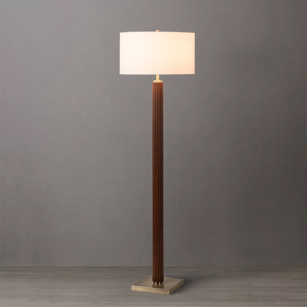 Tambo Floor Lamp - Dark Walnut Wood Finish, Weathered Brass, White linen Shade. Picture 7