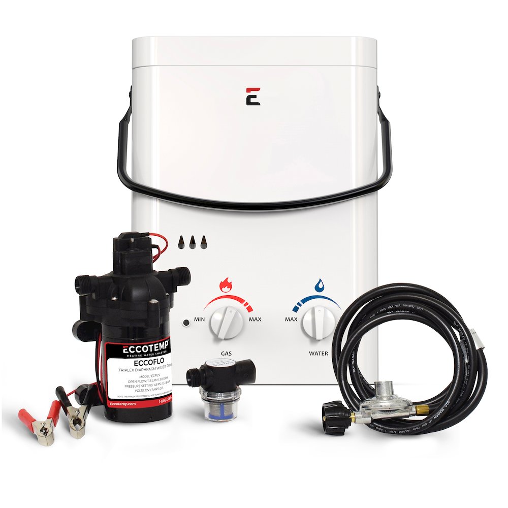 Portable Outdoor Tankless Water Heater EccoFlo Diaphragm 12V Pump and Strainer. Picture 1