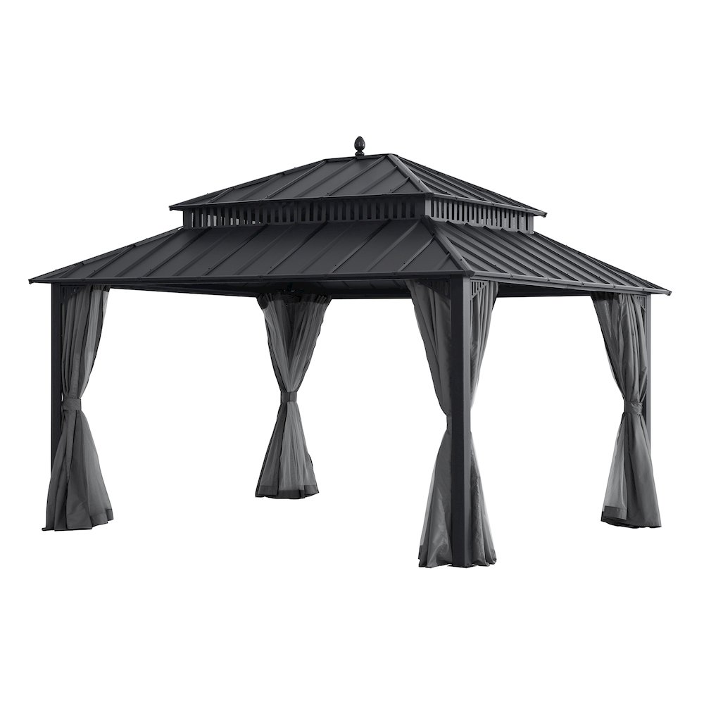 14 ft x 12 ft Aluminum Frame Steel Double Roof Hardtop Rectangular Gazebo, Grey. Picture 1