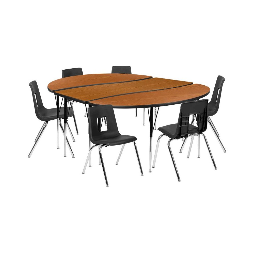 86" Oval Wave Flexible Laminate Activity Table Set with 18" Student Stack Chairs, Oak/Black. Picture 1
