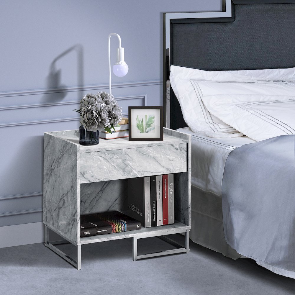 White Printed Faux Marble and Chrome Accent Table. Picture 4