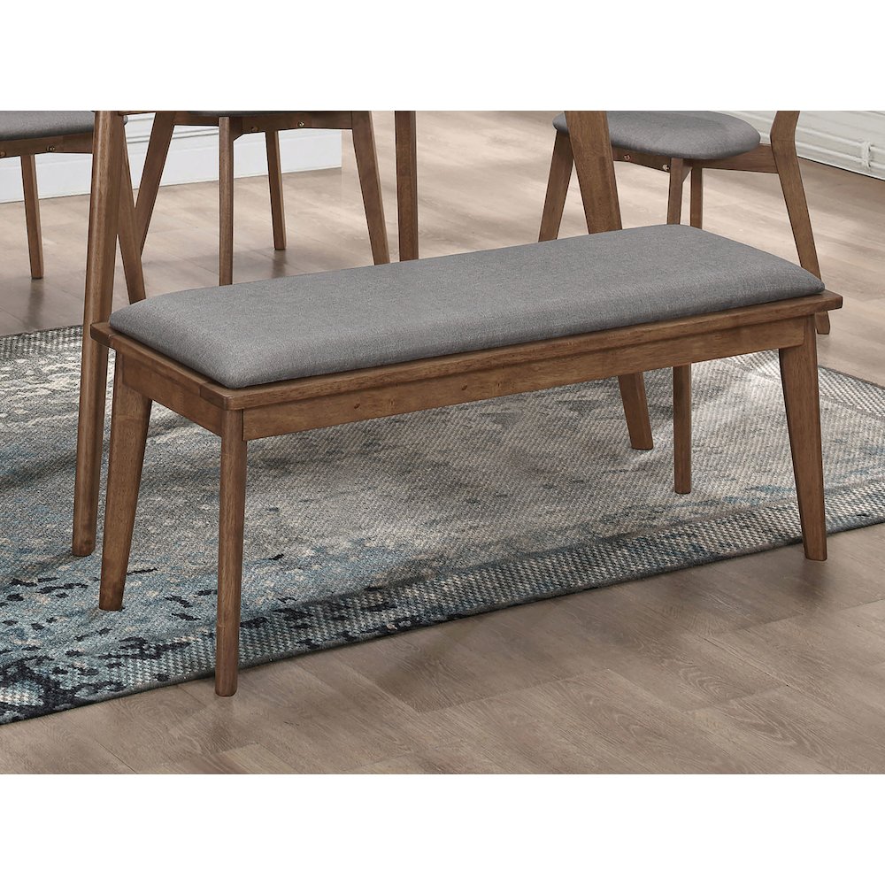 Mid-century Modern Grey and Natural Walnut Dining Bench. Picture 2