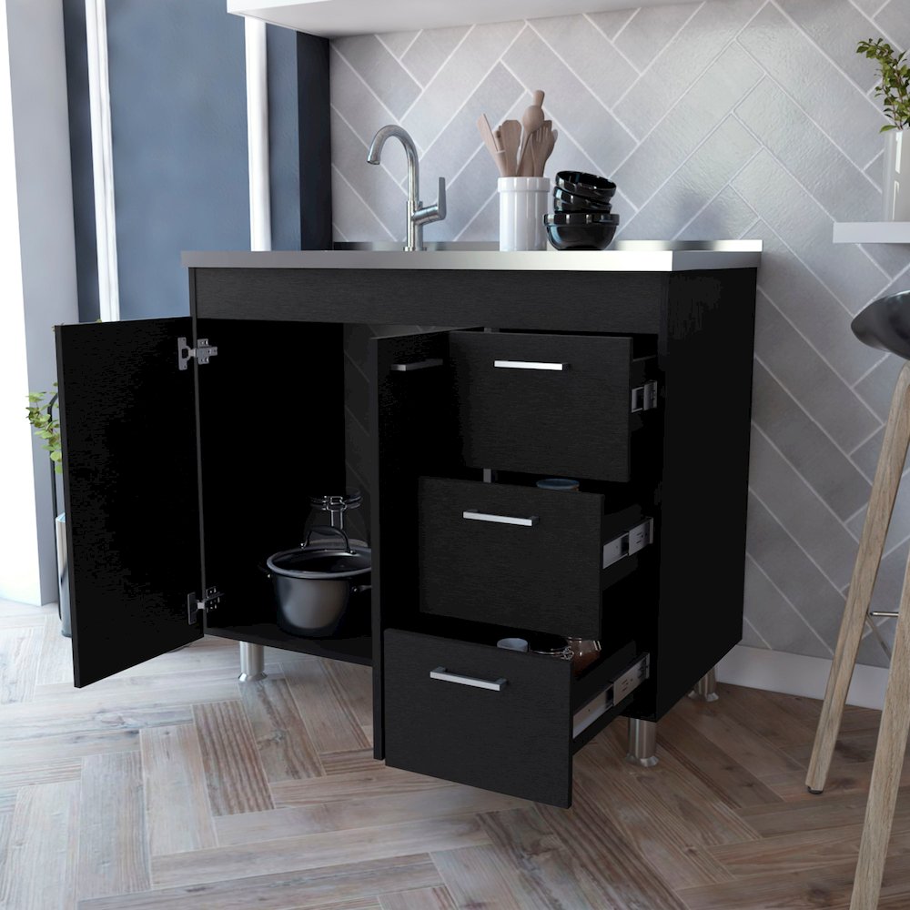 2-Door 3-Drawer Kitchen Cabinet Black. Picture 3