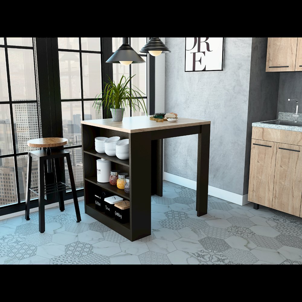 3-Drawer Kitchen Island Black Wengue and Pine. Picture 4