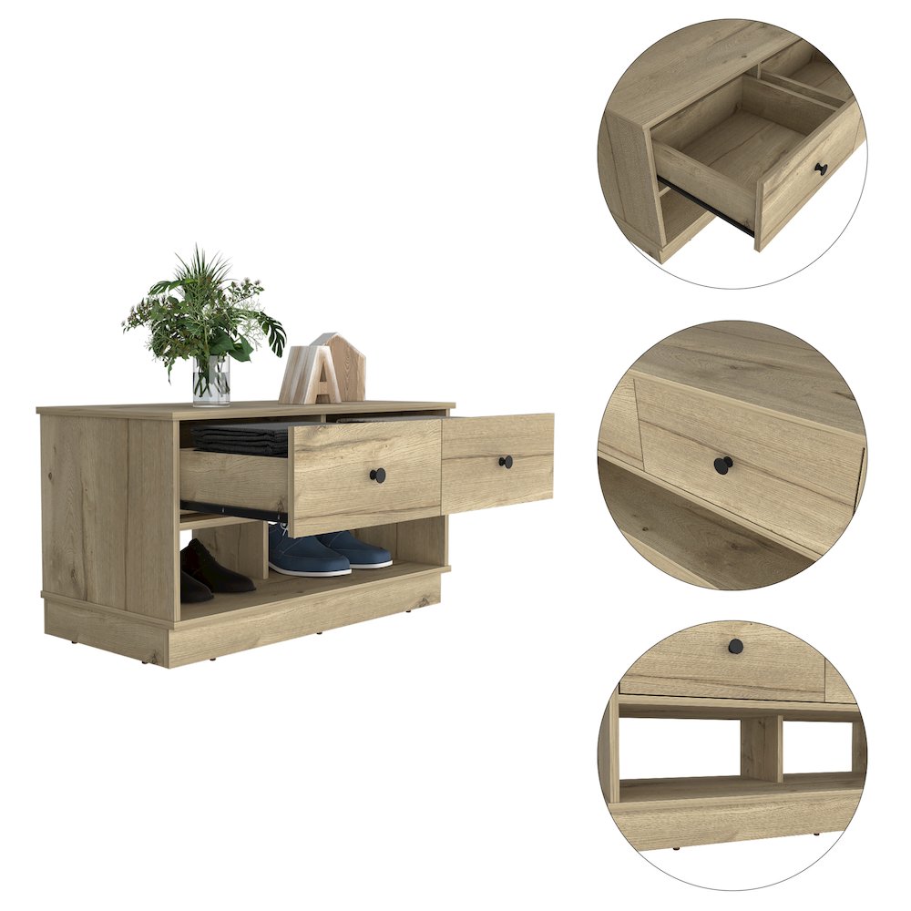 Rectangle 2-Shelf 2-Drawer Storage Bench Light Oak. Picture 2