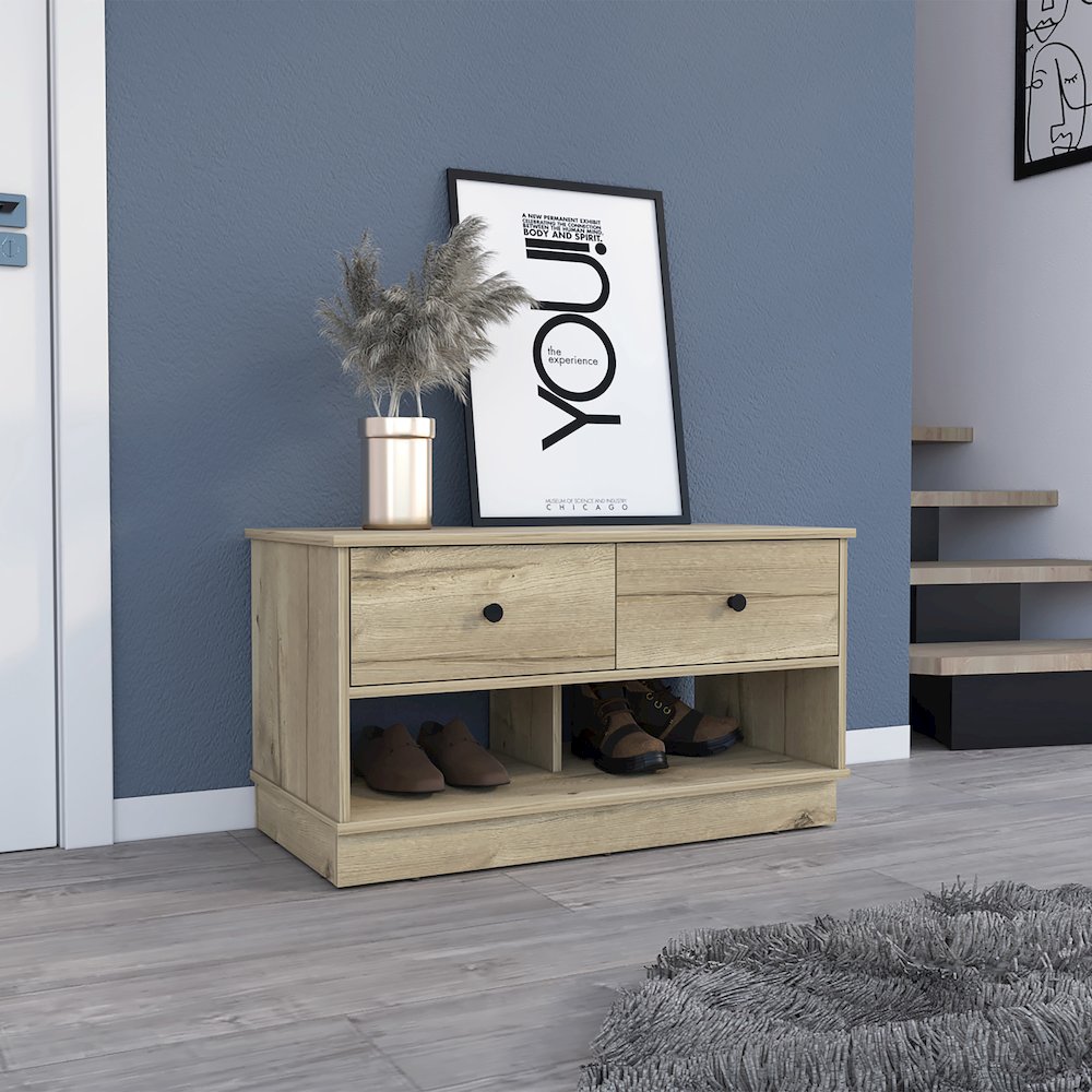 Rectangle 2-Shelf 2-Drawer Storage Bench Light Oak. Picture 4