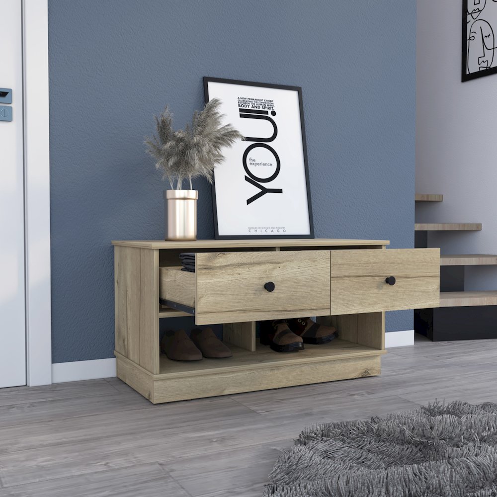 Rectangle 2-Shelf 2-Drawer Storage Bench Light Oak. Picture 5