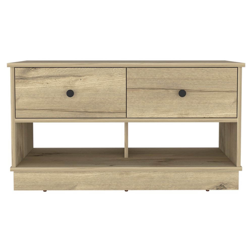 Rectangle 2-Shelf 2-Drawer Storage Bench Light Oak. Picture 1
