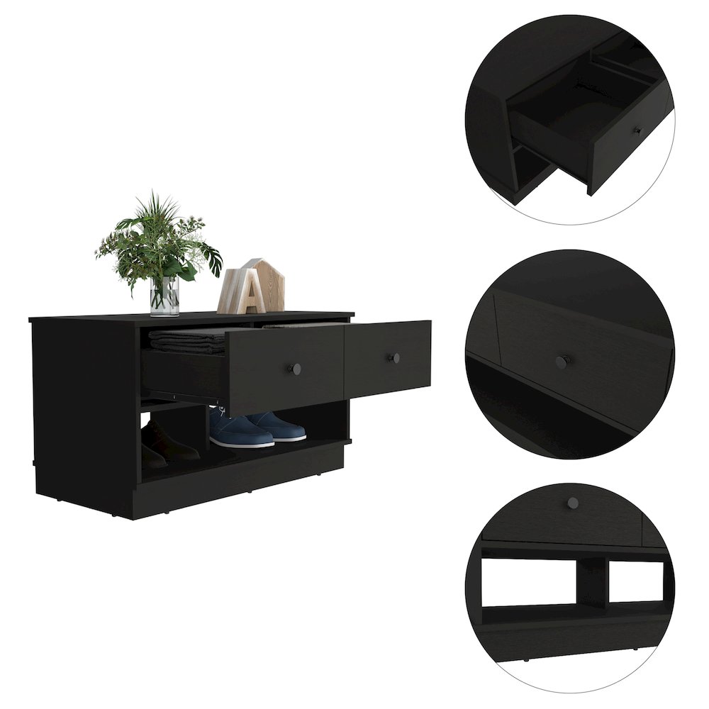 Rectangle 2-Shelf 2-Drawer Storage Bench Black Wengue. Picture 1
