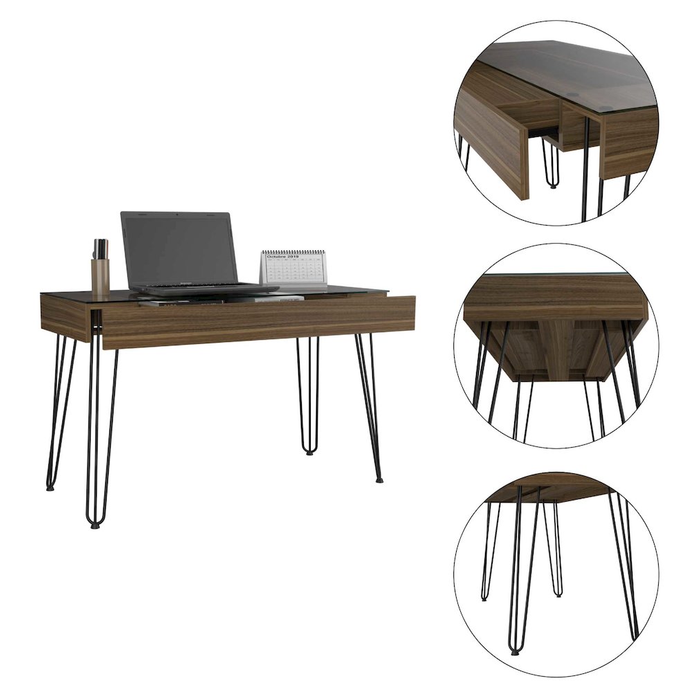 1-Drawer Rectangle Writing Desk with Hairpin Legs Mahogany. Picture 1