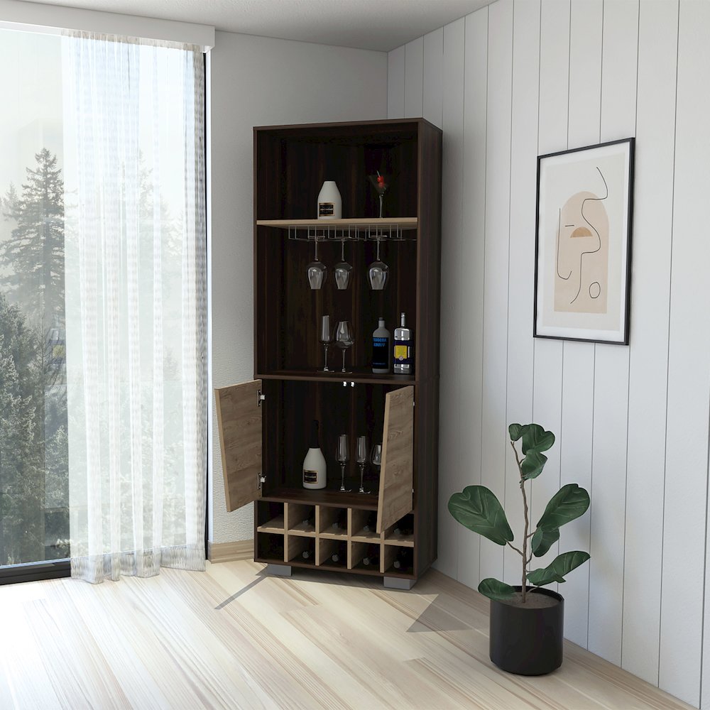 10-Bottle 3-Shelf Corner Bar Cabinet Dark Oak and Pine. Picture 5