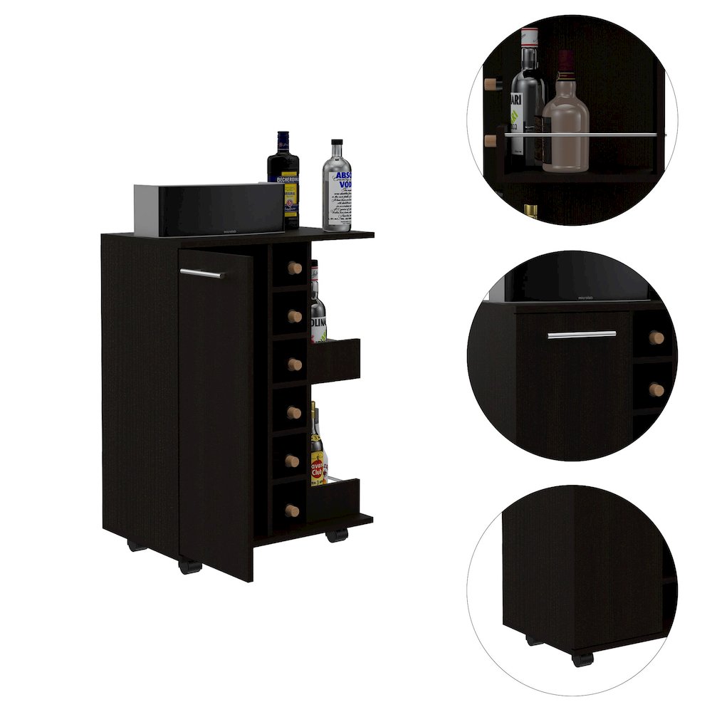 2-Shelf 6-Bottle Bar Cart with Division Black Wengue. Picture 1