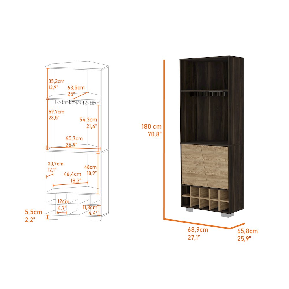 10-Bottle 3-Shelf Corner Bar Cabinet Dark Oak and Pine. Picture 7