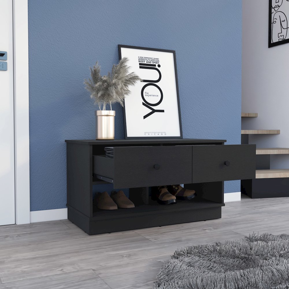 Rectangle 2-Shelf 2-Drawer Storage Bench Black Wengue. Picture 5