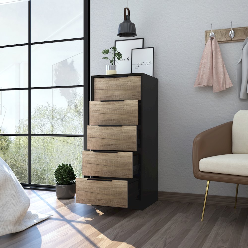 5-Drawer Rectangle Dresser Black Wengue and Light Oak. Picture 5