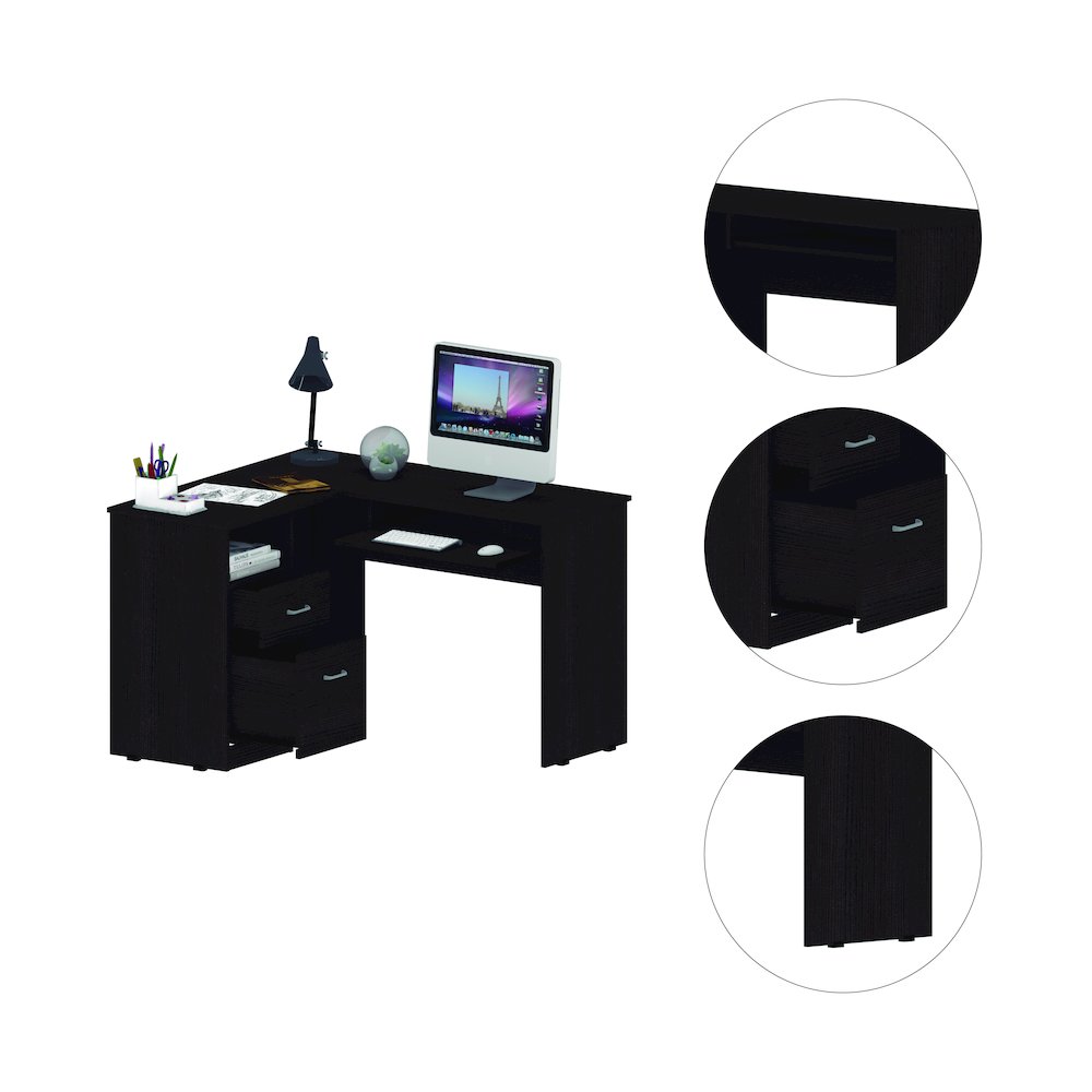 2-Drawer 1-Shelf L-Shaped Computer Desk Black Wengue. Picture 1