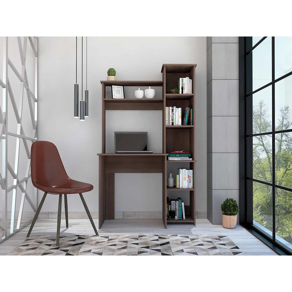 6-Shelf Writing Desk with Built-in Bookcase Smokey Oak. Picture 4