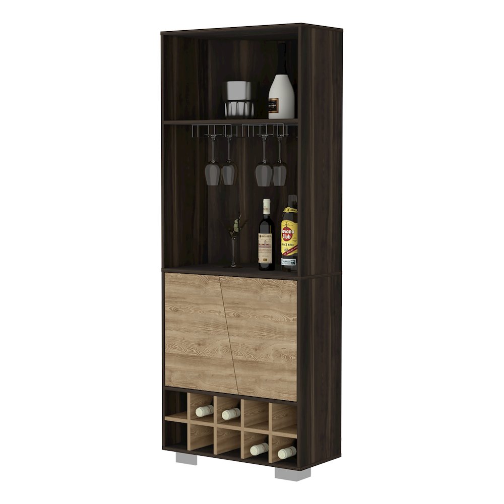10-Bottle 3-Shelf Corner Bar Cabinet Dark Oak and Pine. Picture 1
