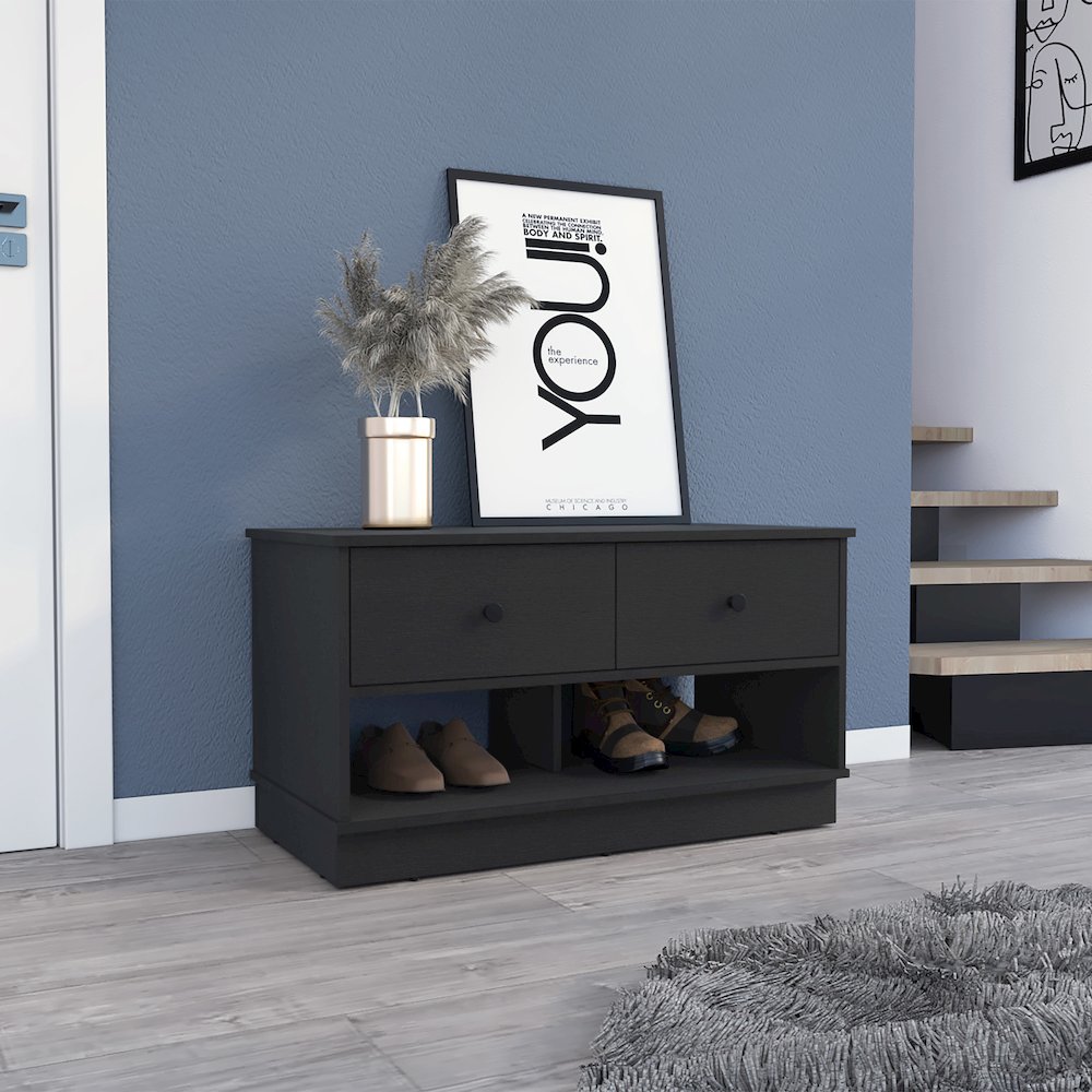 Rectangle 2-Shelf 2-Drawer Storage Bench Black Wengue. Picture 4