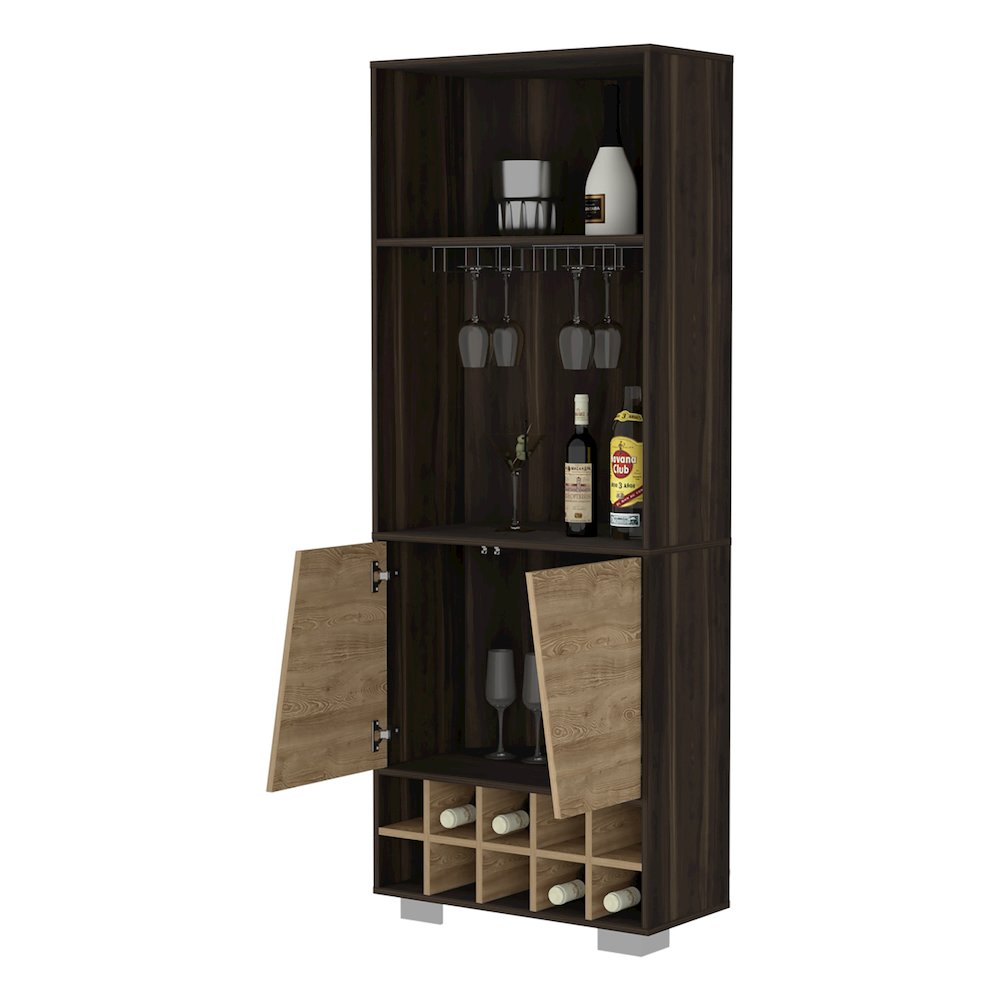 10-Bottle 3-Shelf Corner Bar Cabinet Dark Oak and Pine. Picture 2