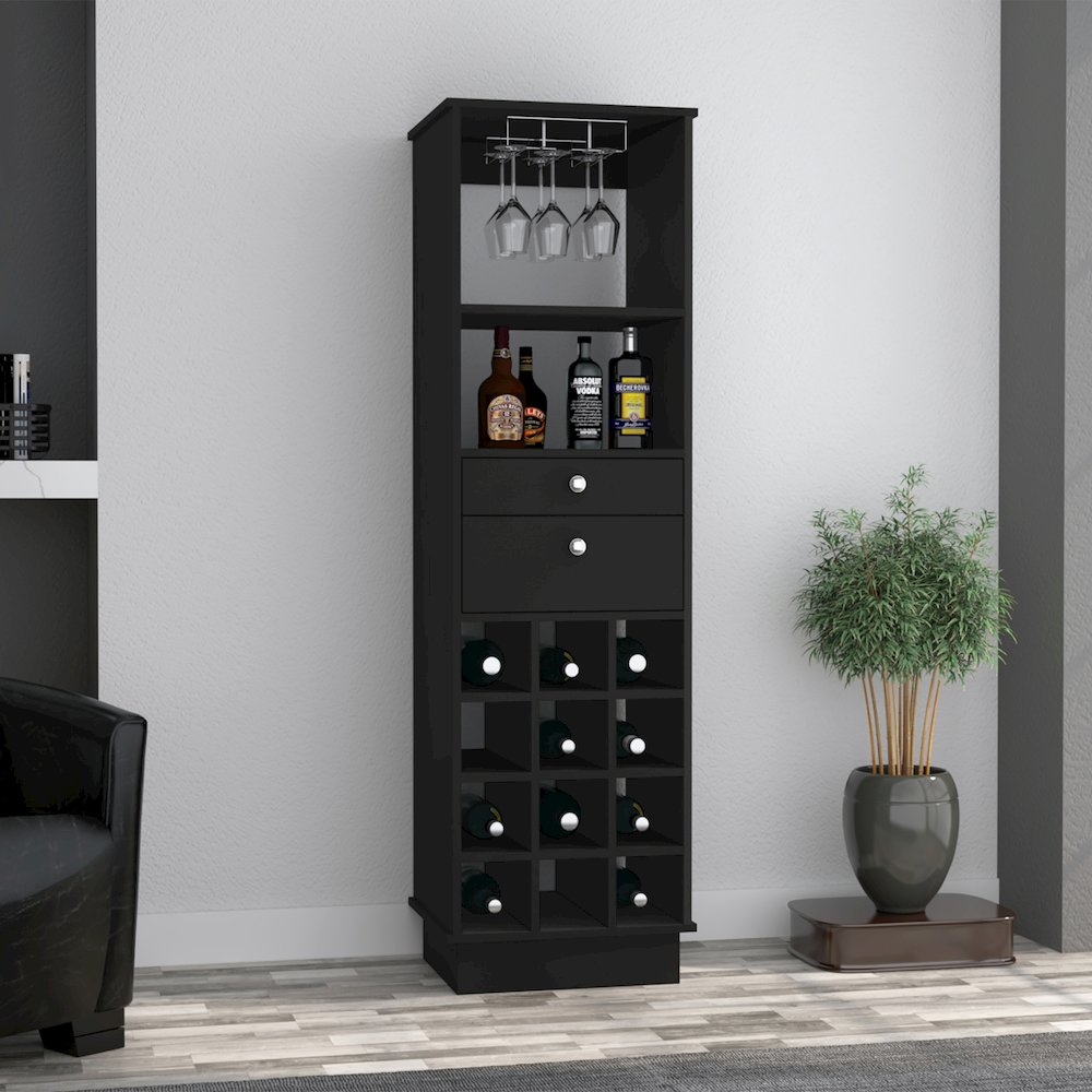 12-Bottle 2-Drawer 1-Shelf Bar Cabinet Black Wengue. Picture 4