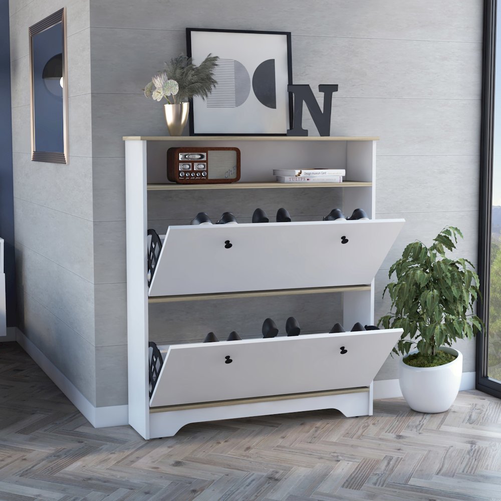 2-Shelf Shoe Rack Light Oak and White. Picture 5