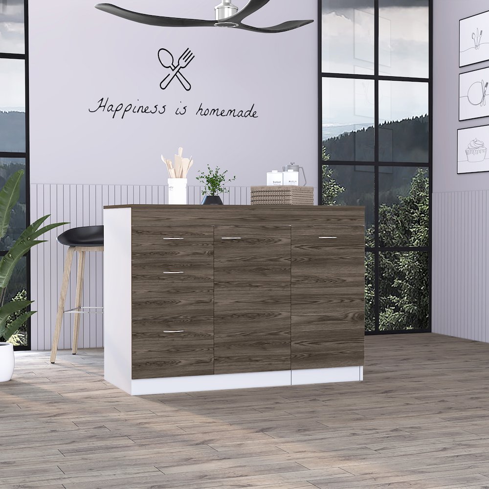 3-Drawer L-Shaped Convertible Kitchen Island White and Dark Walnut. Picture 4