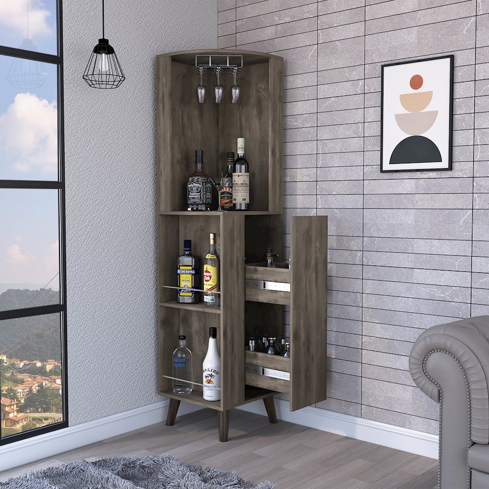 1-Drawer 2-Shelf Corner Bar Cabinet Dark Brown. Picture 5
