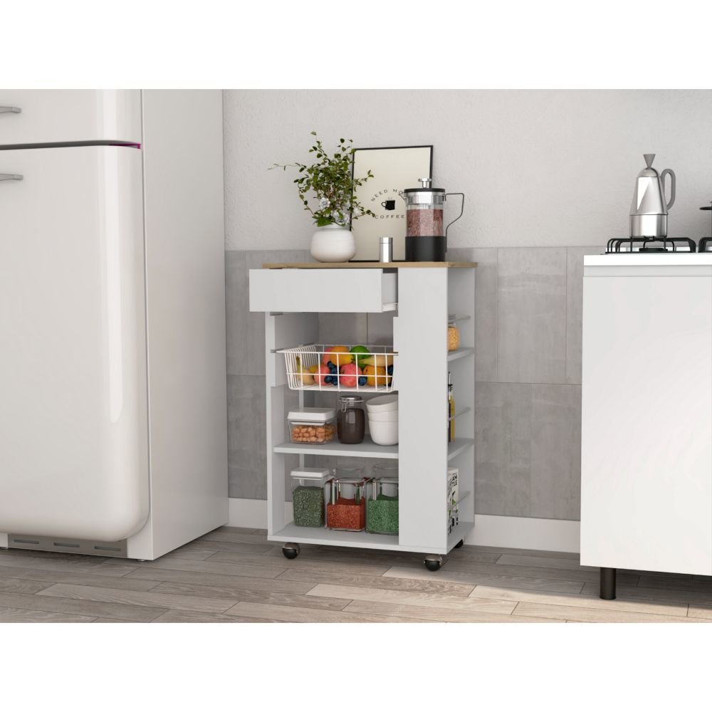 5-Shelf 1-Drawer Kitchen Cart White and Light Oak. Picture 4