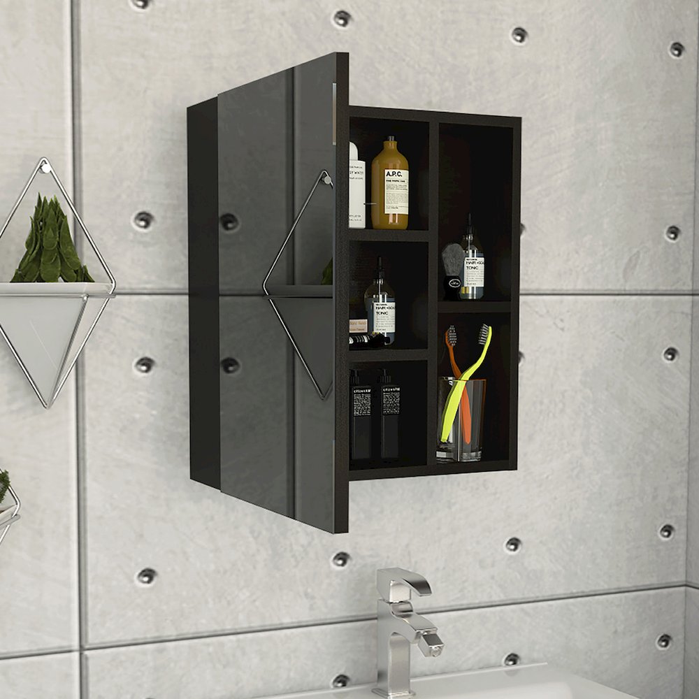 1-Shelf Rectangle Medicine Cabinet with Mirror Black Wengue. Picture 5