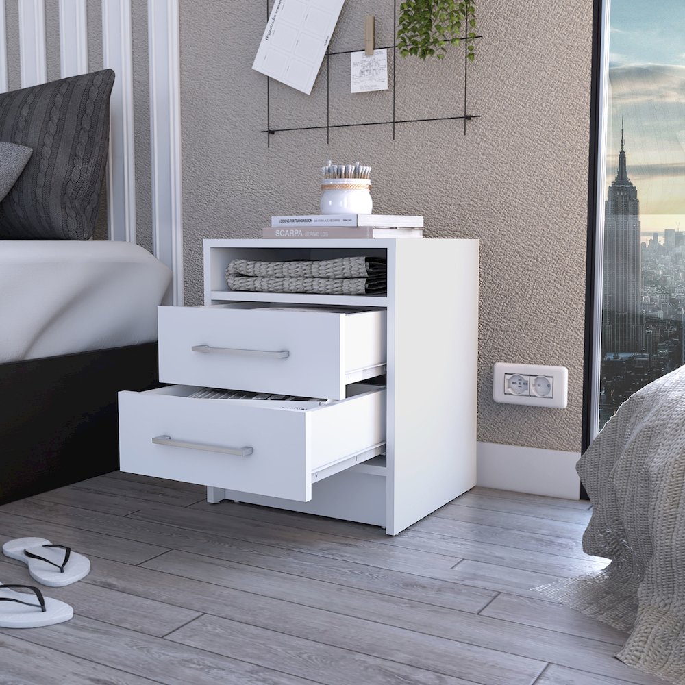 2-Drawer 1-Shelf Rectangle Nightstand White. Picture 3