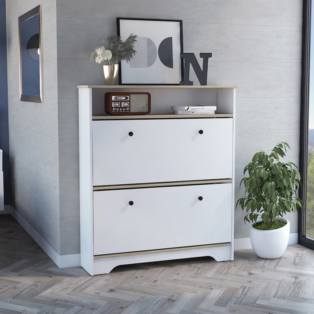 2-Shelf Shoe Rack Light Oak and White. Picture 4