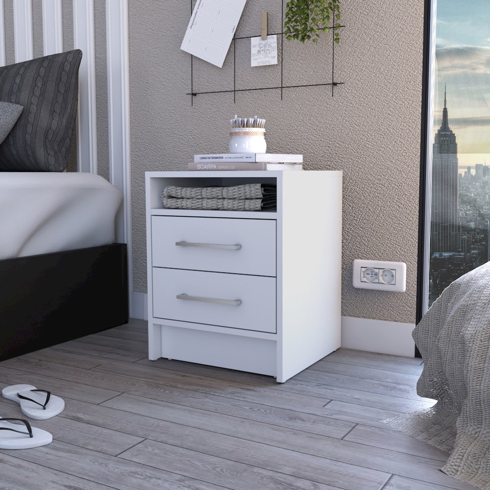 2-Drawer 1-Shelf Rectangle Nightstand White. Picture 4