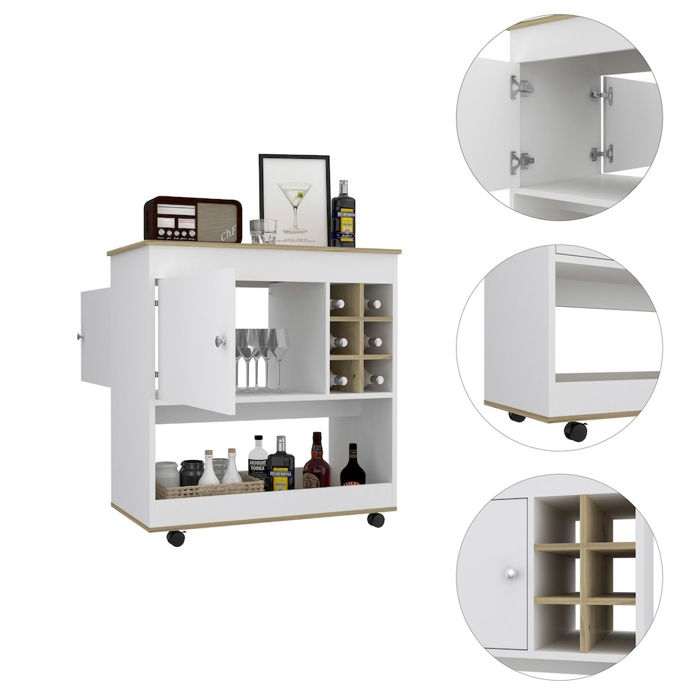 1-Shelf 6-Bottle Bar Cart Light Oak and White. Picture 1