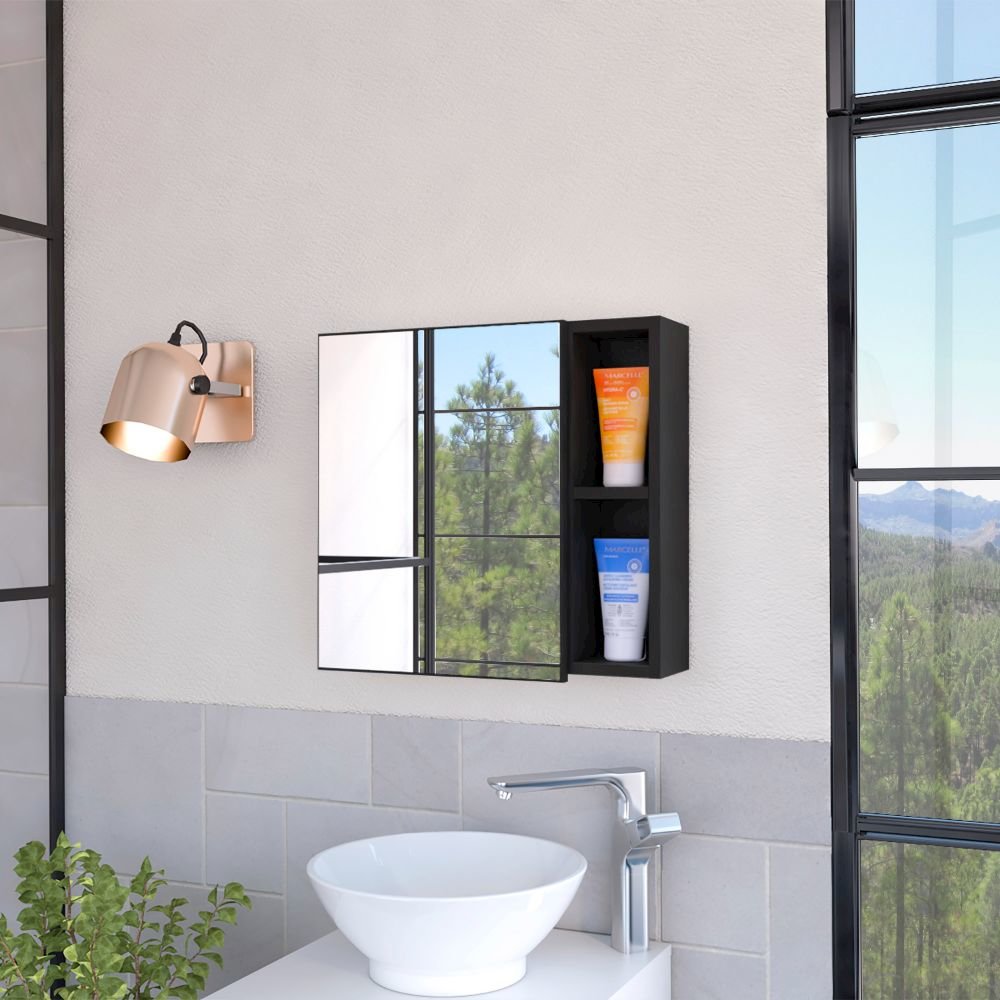 2-Shelf Medicine Cabinet with Mirror Black Wengue. Picture 4