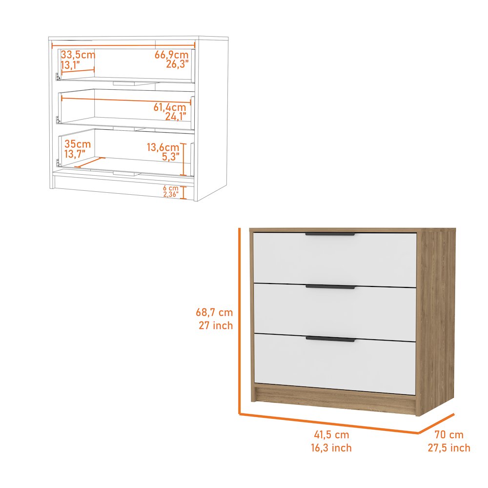 3-Drawer Dresser White and Light Oak. Picture 3