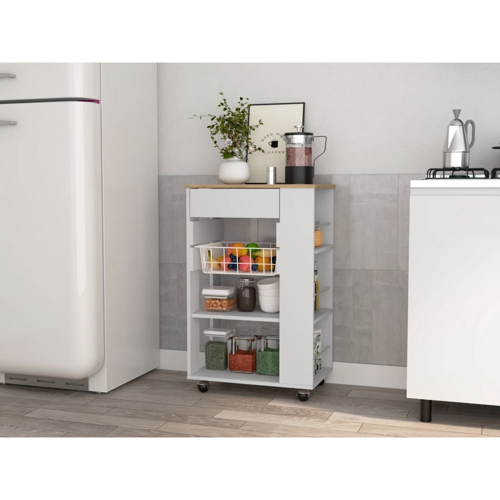 5-Shelf 1-Drawer Kitchen Cart White and Light Oak. Picture 5