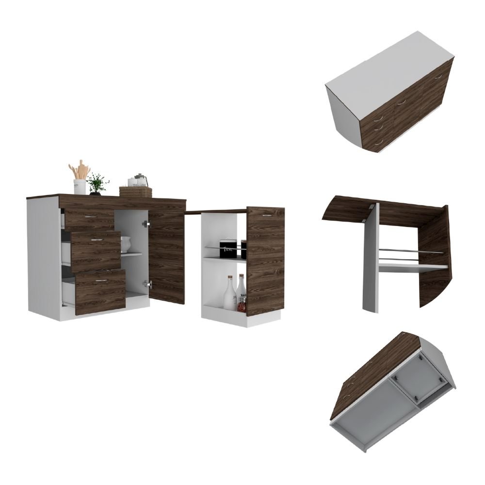 3-Drawer L-Shaped Convertible Kitchen Island White and Dark Walnut. Picture 1