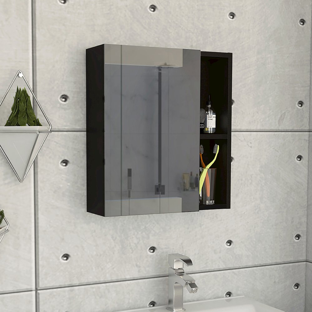 1-Shelf Rectangle Medicine Cabinet with Mirror Black Wengue. Picture 4