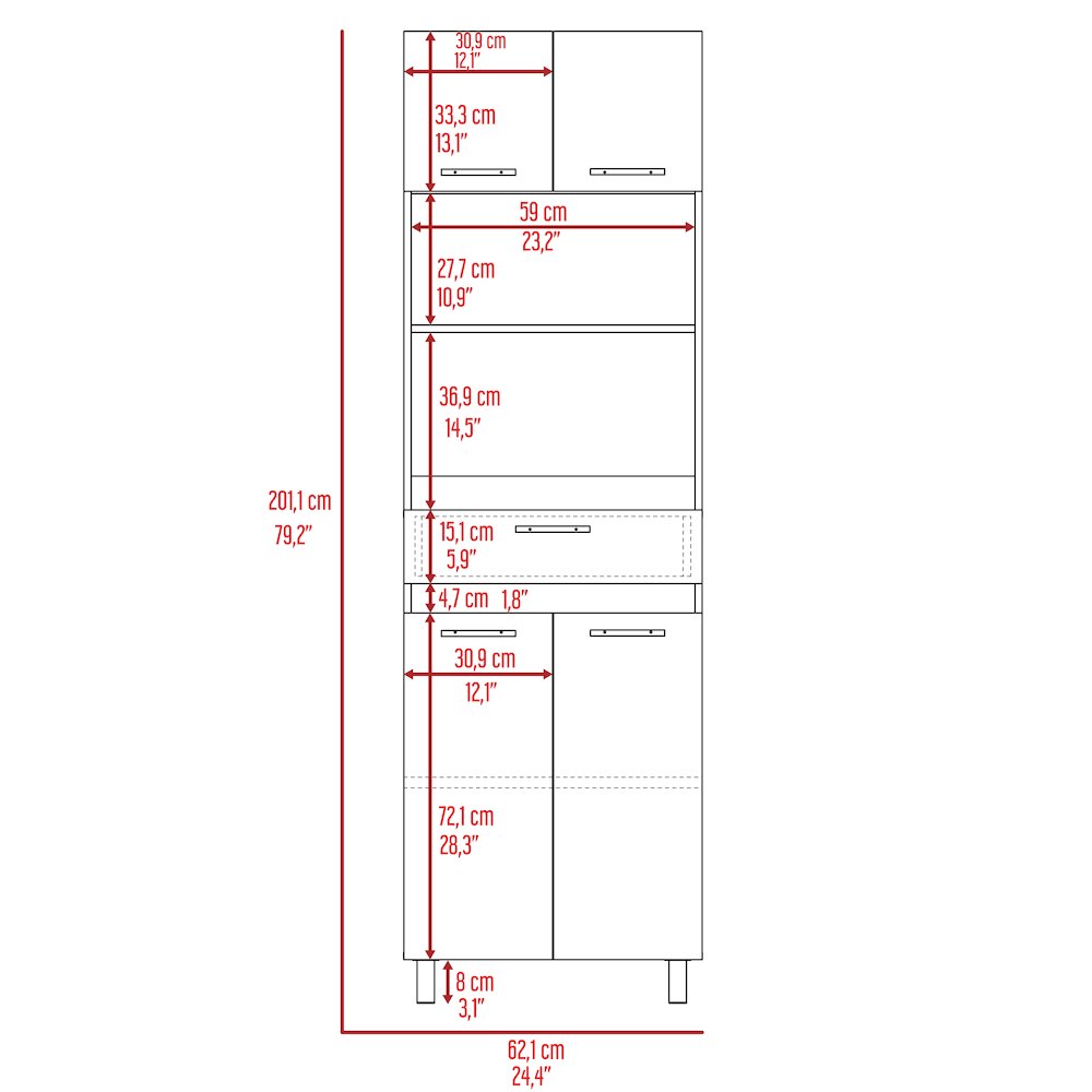 2-Shelf 1-Drawer Microwave Pantry Cabinet Smokey Oak and White. Picture 7
