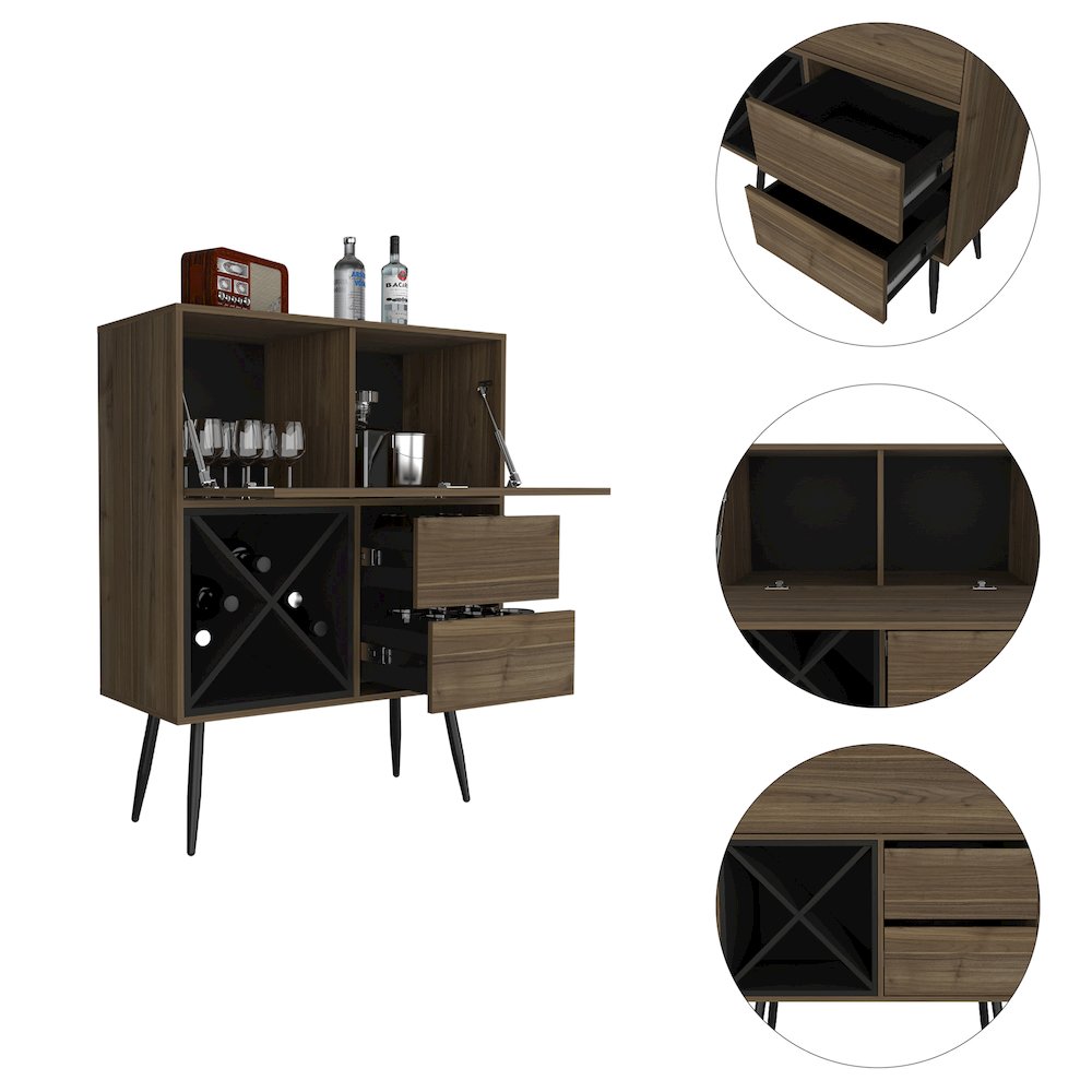4-Bottle 2-Drawer Bar Cabinet Mahogany and Black Wengue. Picture 1