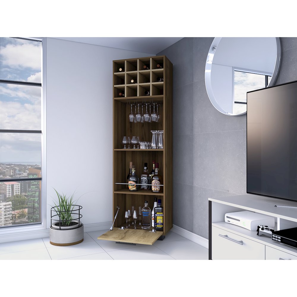 12-Bottle 2-Shelf 1-Drawer Bar Cabinet Mahagony and Macadamia. Picture 5