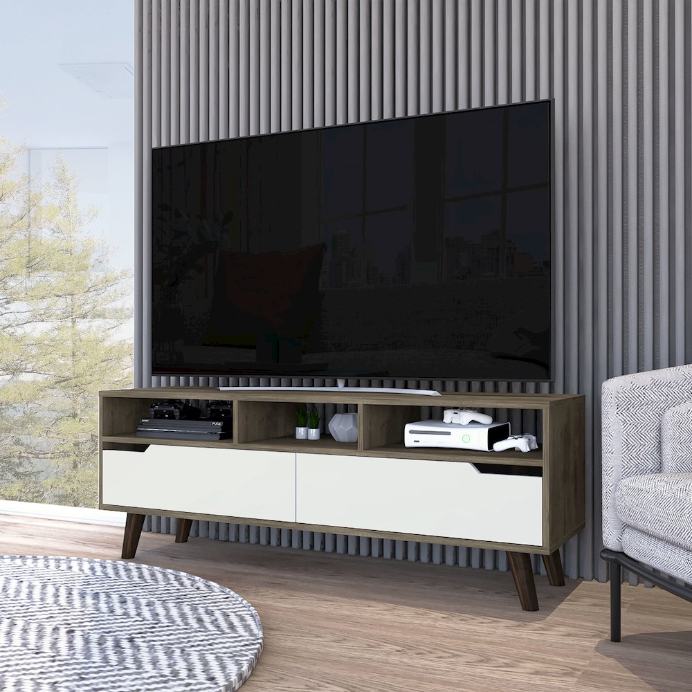 2-Drawer 3-Shelf TV Stand Dark Walnut and White. Picture 4