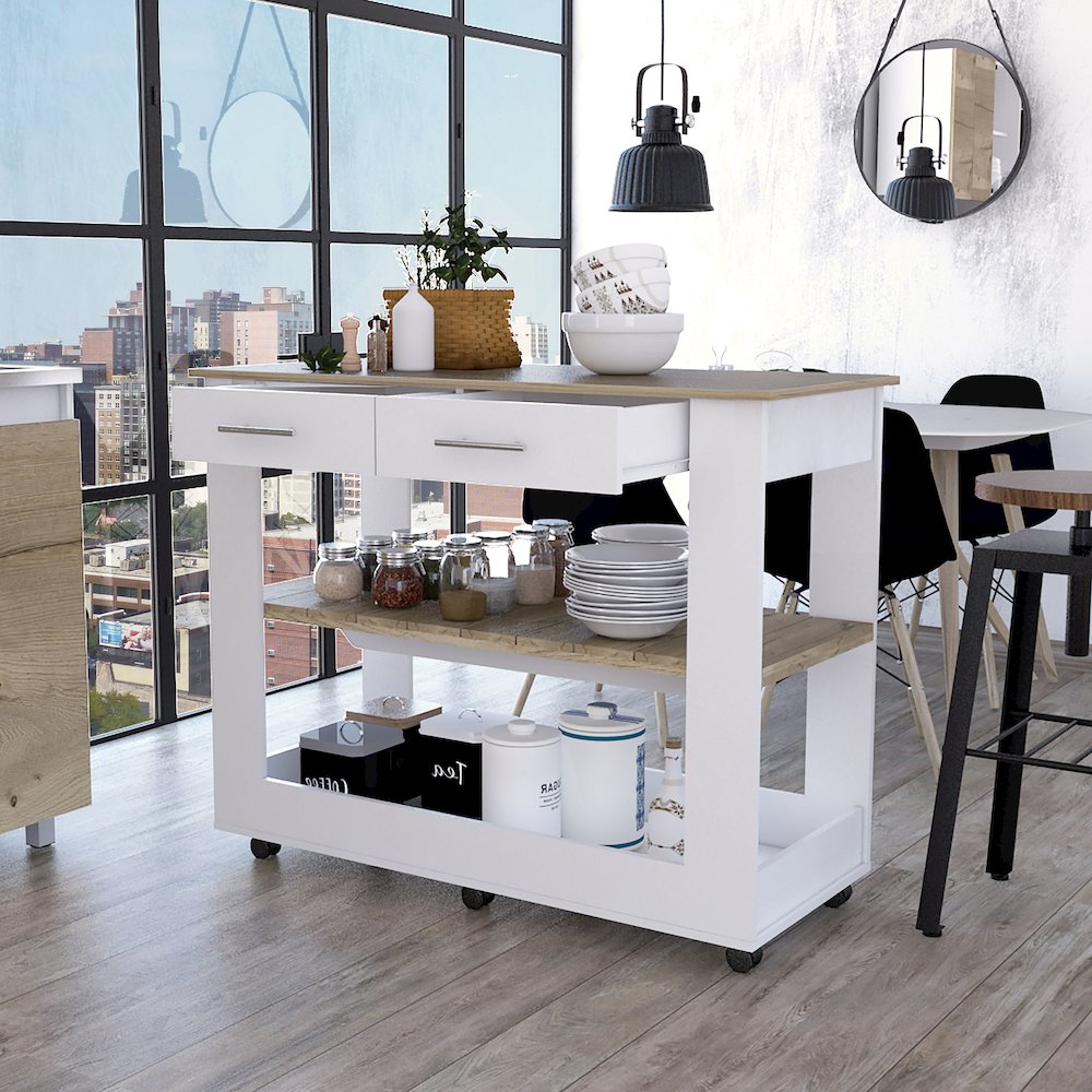 2-Drawer 2-Shelf Kitchen Island White and Light Oak. Picture 5