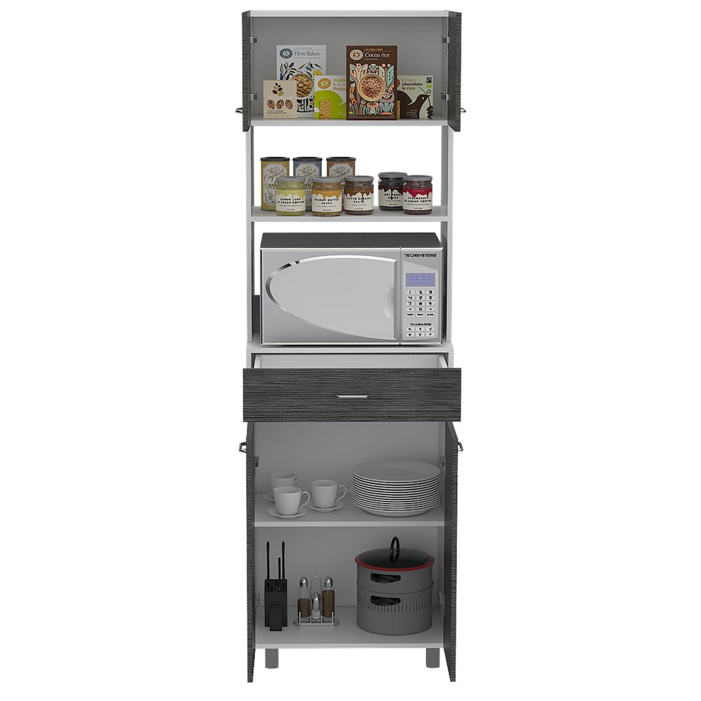 2-Shelf 1-Drawer Microwave Pantry Cabinet Smokey Oak and White. Picture 1